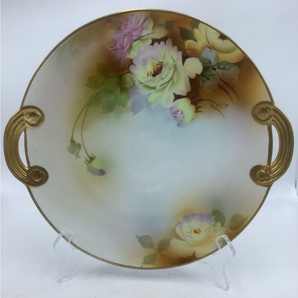 Vintage Hand Painted Nippon Handled and Gilded  Plate with Yellow Roses - Picture 1 of 11